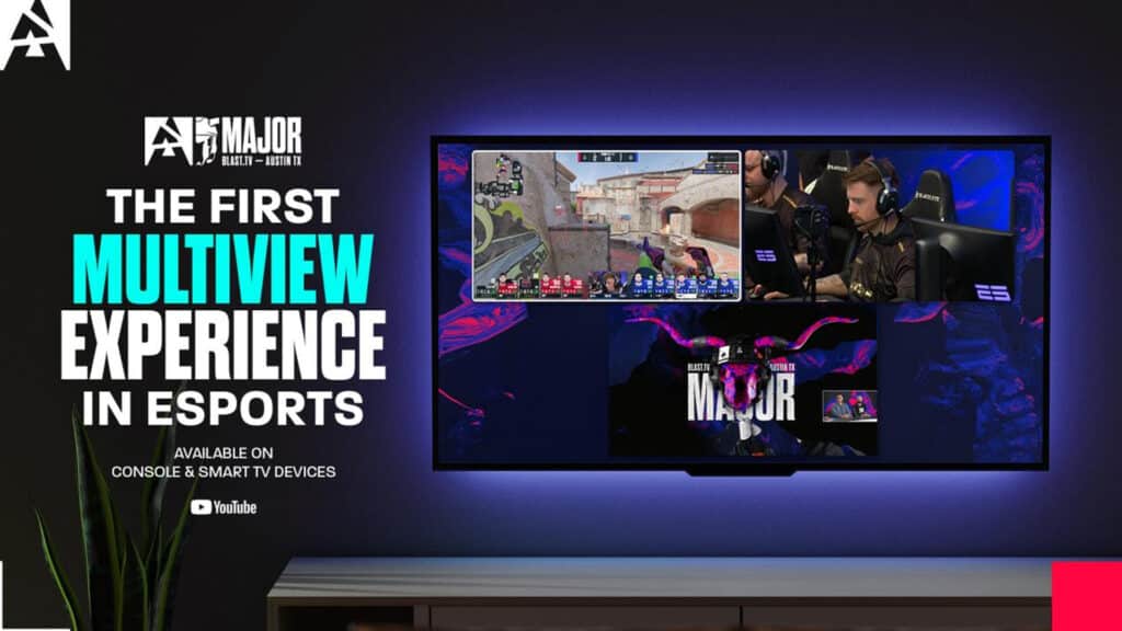 Image of Counter-Strike esports competiion being displayed on television. Next to the television is turquoise and white text and the BLAST logo in the top-left corner.