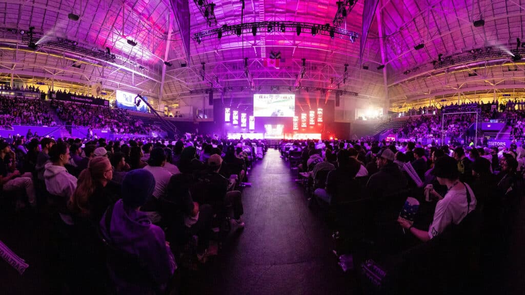 Image of CDL Championship stage illuminated by red and purple lighting