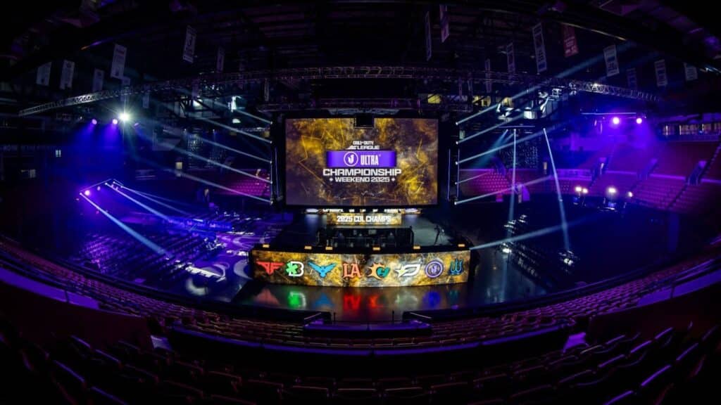 Image of CDL Championship 2025 main stage illuminated with purple light