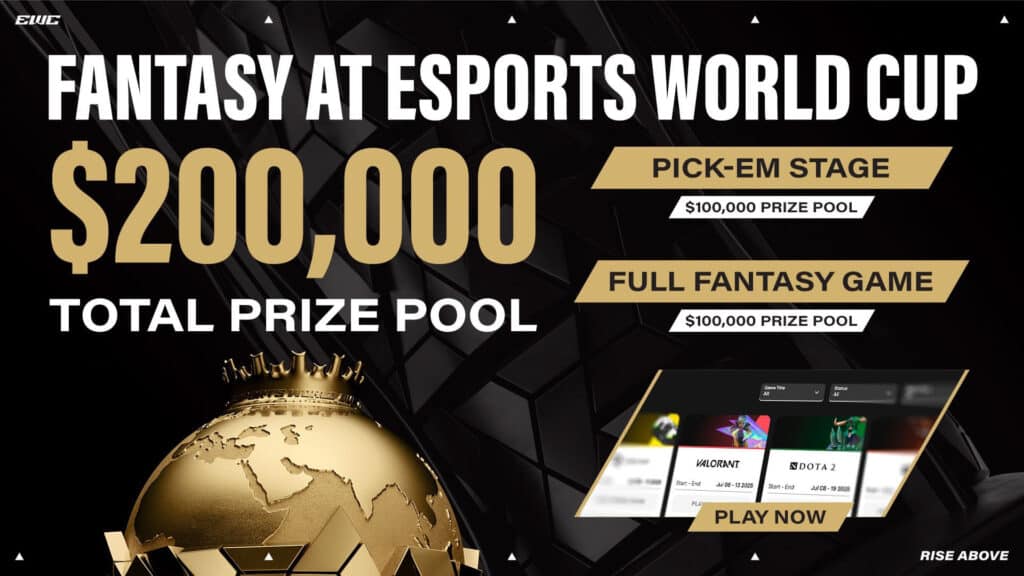 Image of Esports World Cup trophy surrounded by white and gold text on a black background