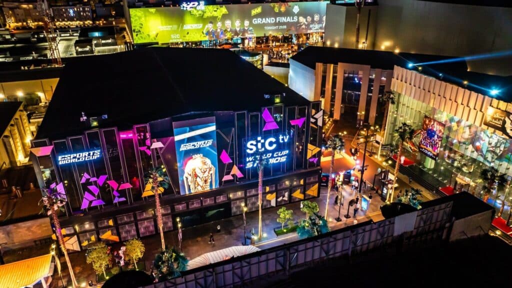 Image of Esports World Cup Venue illuminated with stc Group branding