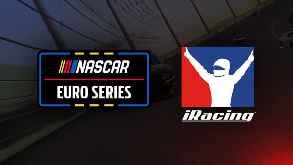 Image of EuroNASCAR and iRacing logos on a red and blue background of an oval race track