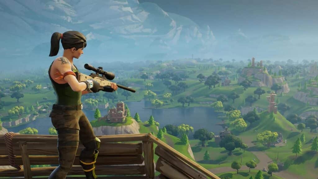 Image of Fortnite player holding sniper rifle while overlooking landscape