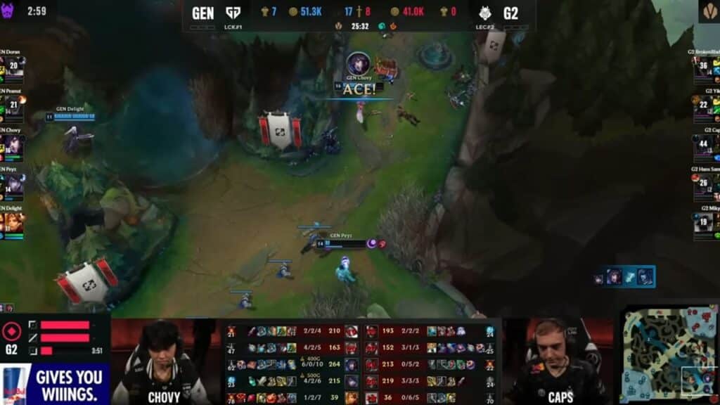 Screenshot of Gen.G’s Chovy scoring a quadrakill to ace G2 near the bot lane during an MSI 2023 match