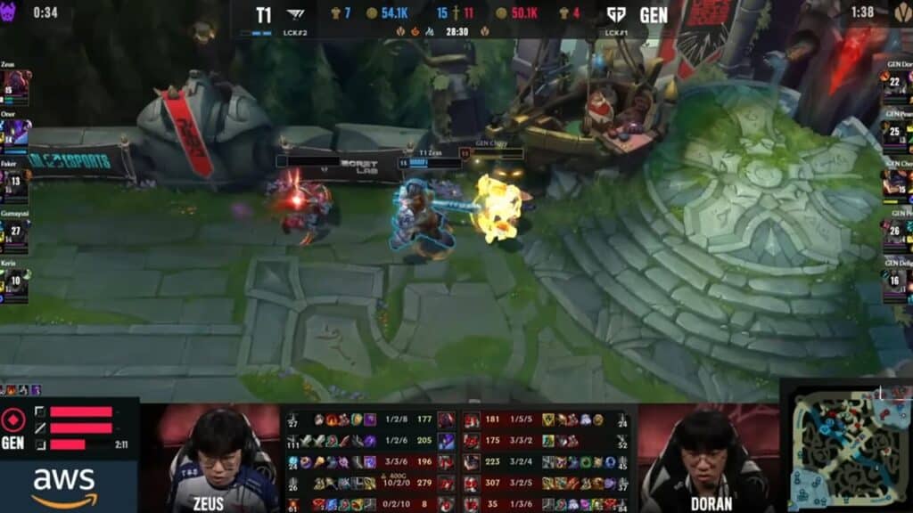 Chovy from Gen.G activates a Stopwatch to avoid death from T1’s Zeus near the fountain on Summoner’s Rift during an MSI 2023 match