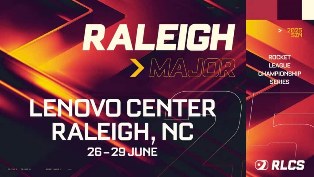 Image of RLCS Raleigh Major logo on a multicoloured background. At the bottom of the image is text mentioning the event's date and location