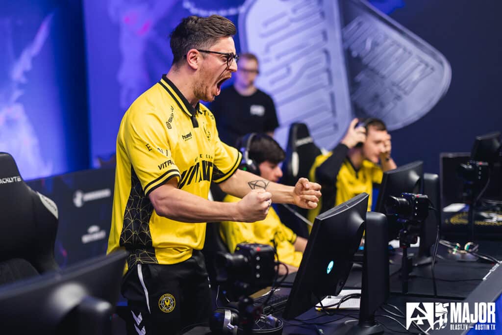 Image of ApeX wearing Team Vitality Counter-Strike jersey while cheering at BLAST Austin Major
