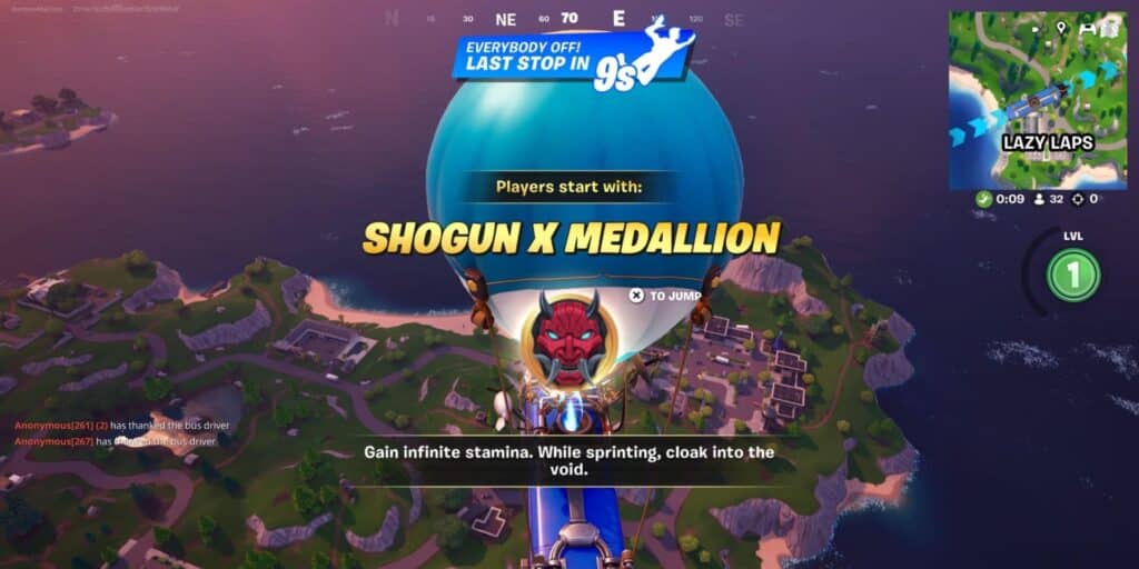 Fortnite screenshot showing the battle bus over Lazy Laps with "Shogun X Medallion" equipped, granting infinite stamina and cloaking. Match countdown reads 9 seconds, with player level 1 and 32 players shown