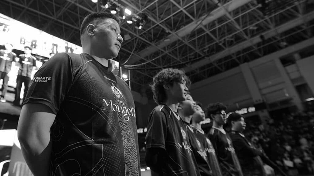 Image of The MongolZ academy roster standing in a line while wearing The MongolZ jerseys