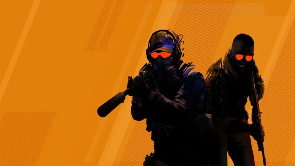 Image of two Counter Strike players holding weapons on a bright orange background