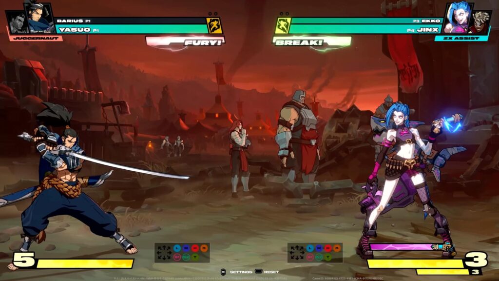 In-game screenshot from 2XKO showing Yasuo facing off against Jinx in a tag-team battle, with a fiery red battlefield