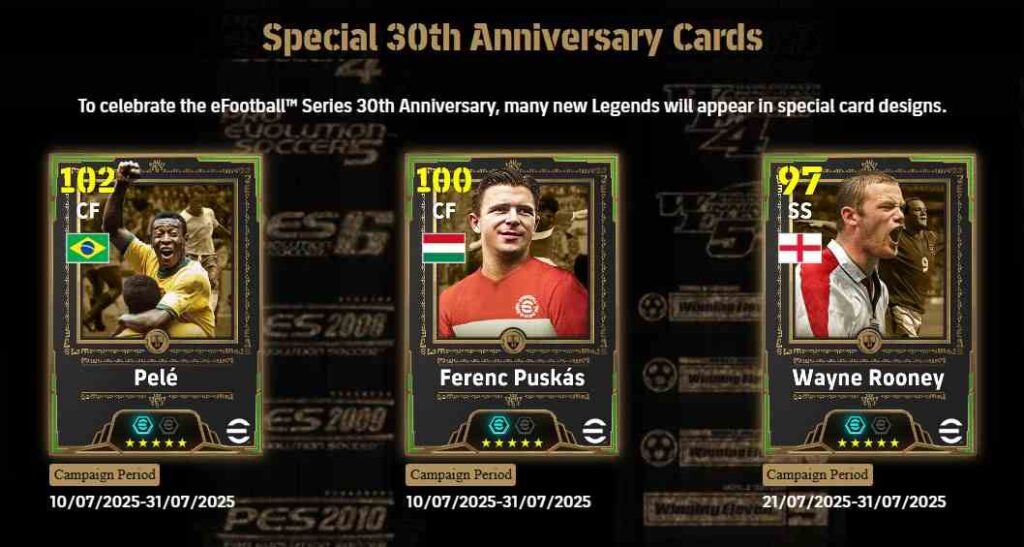 Tre speciali carte calcistiche del 30 ° anniversario hanno Pele, Ferenk Pusks e Wane Rooney con le loro valutazioni e periodi promozionali.