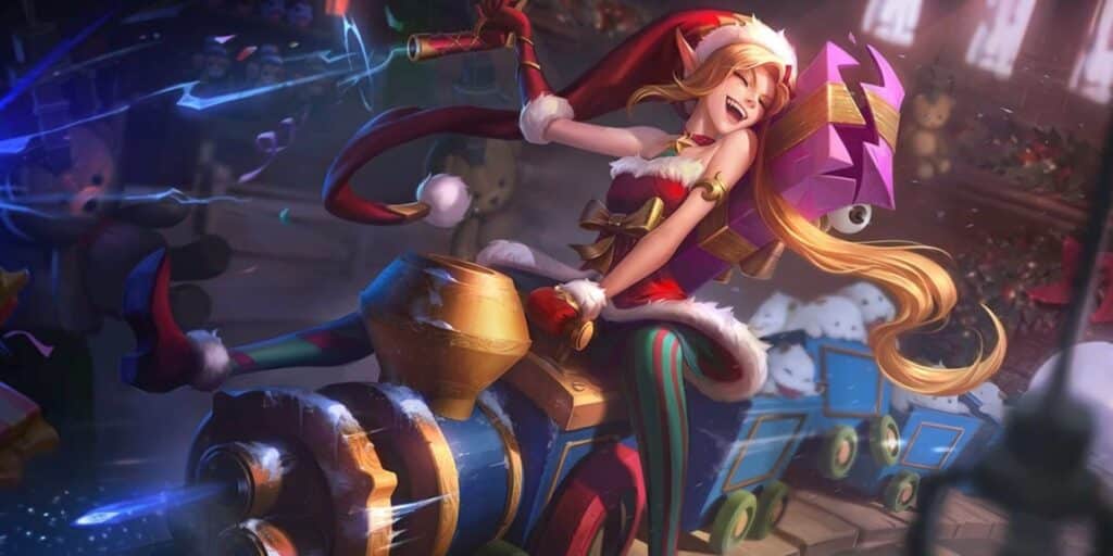 Jinx in a Santa hat rides a train, gazing outside with a joyful smile, surrounded by festive decorations.
