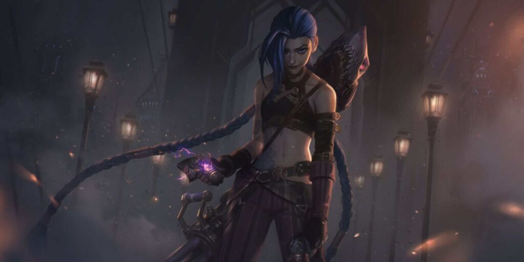 Jinx in dark attire, wielding a glowing weapon, stands confidently amidst fog and street lamps, exuding a fierce energy.