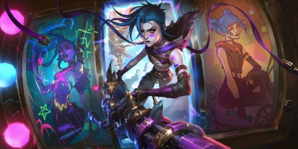 Jinx wielding a futuristic weapon stands amidst colorful, vibrant backgrounds featuring stylized illustrations.