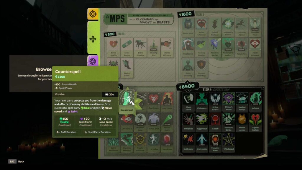 A Deadlock-game interface displaying the "Counterspell" item, detailing its attributes and effects from a mystical pharmacy.