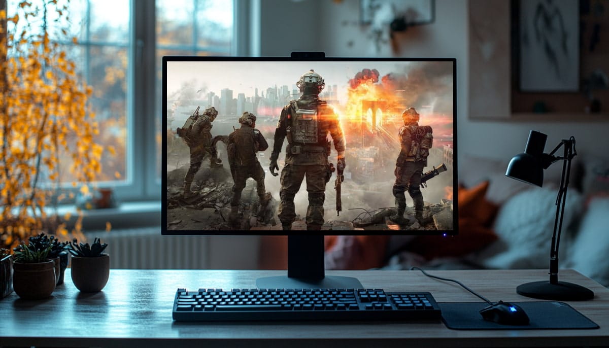 A computer monitor on a desk displays Battlefield scene featuring soldiers in tactical gear amid a fiery, post-apocalyptic cityscape