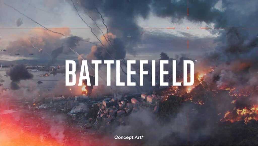 Chaotic battlefield with smoke, explosions, and helicopters flying overhead. The word "BATTLEFIELD" is prominently displayed across the center