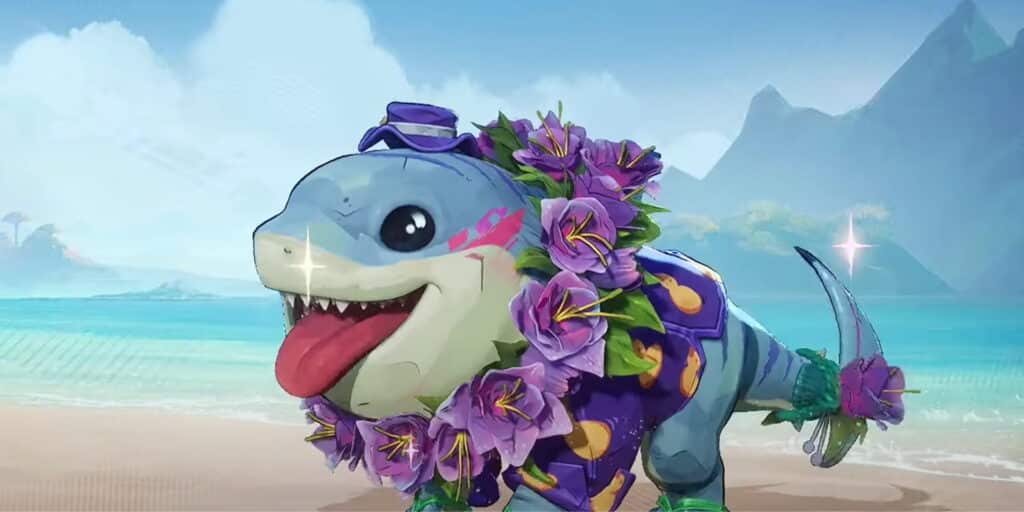 Jeff in floral lei and purple outfit, sticking tongue out on a tropical beach with mountains and ocean in the background