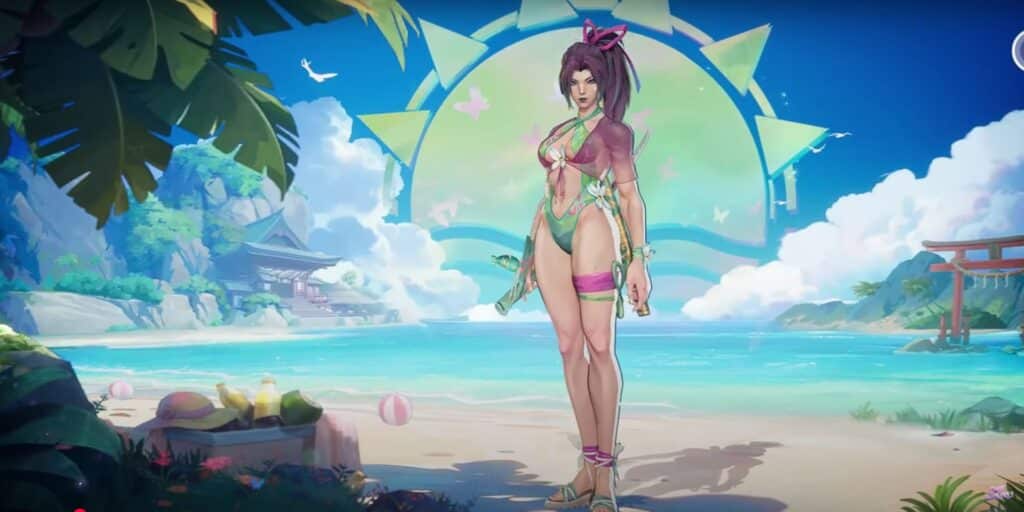 Psylocke in a floral swimsuit poses confidently on a tropical beach with blue skies