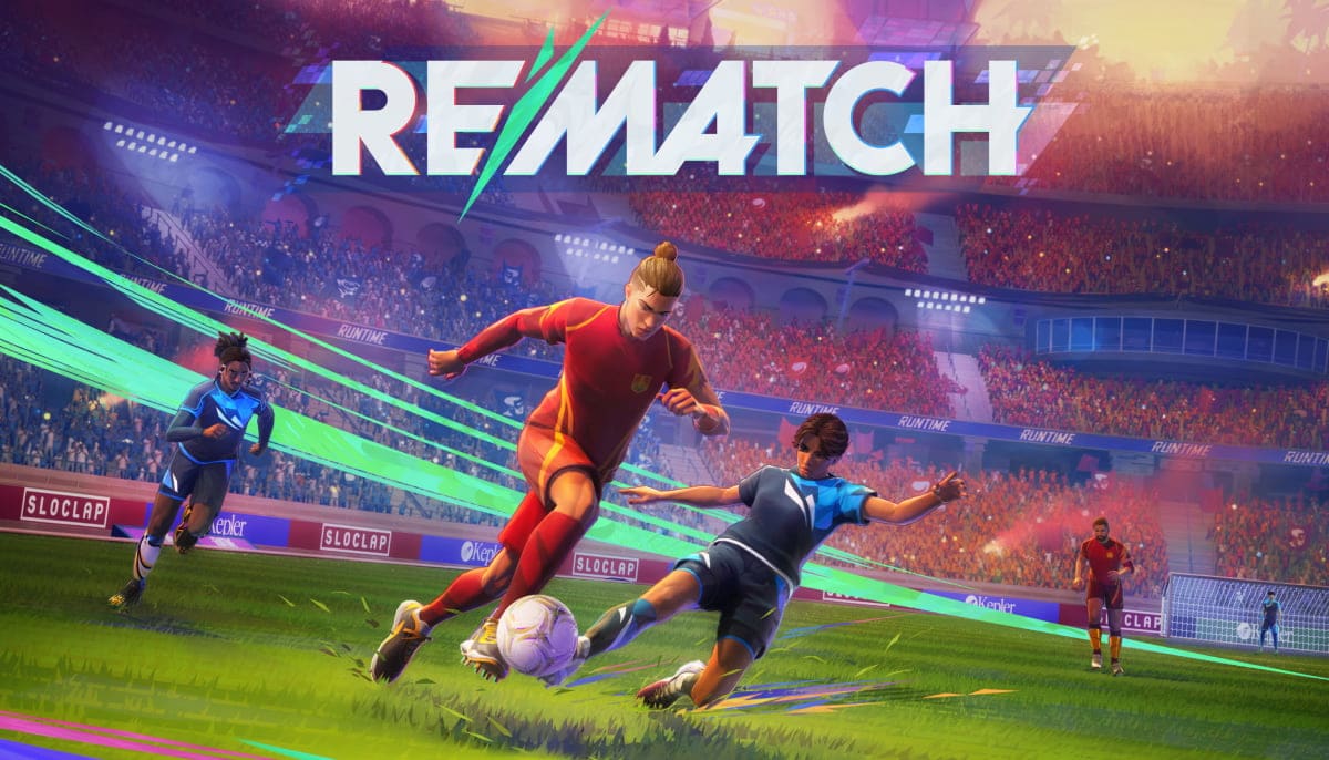 A dynamic soccer match scene: a player in red swiftly dribbles past a defender in blue. Vibrant stadium crowd under "Rematch" banner adds excitement