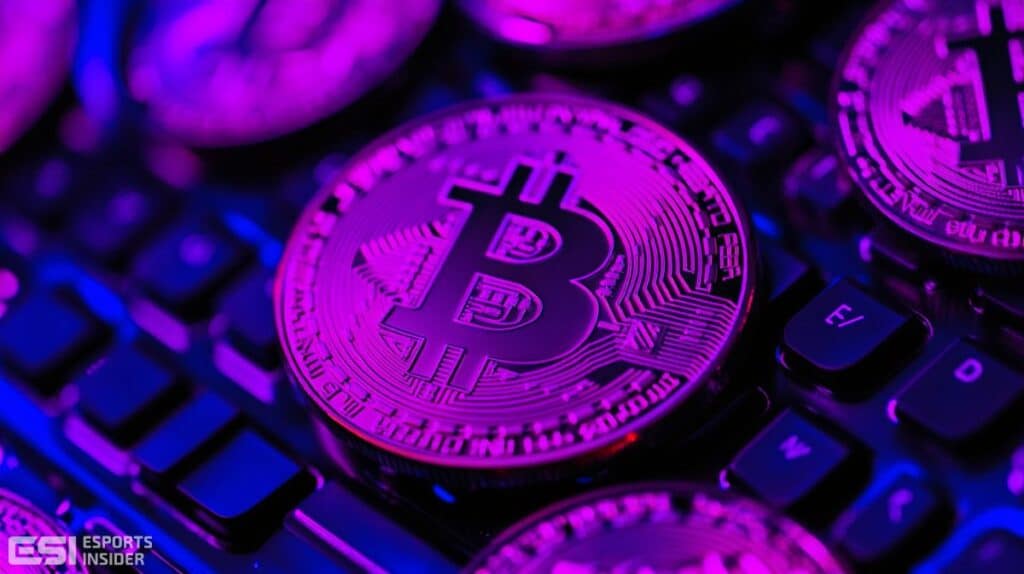 Brilla attraverso un primo piano, viola e blu della moneta di bitcoin appoggiata nella tastiera