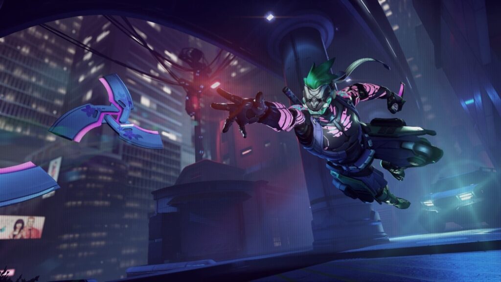 A dynamic scene featuring Genji in futuristic armor with green hair, leaping through a neon-lit city, throwing a spinning weapon 