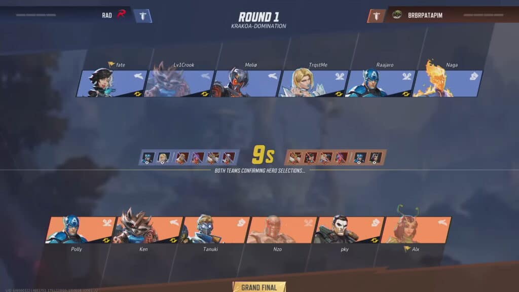 Marvel Rival's screen showing RAD and BRBRPAPATAPIM teams. RAD includes avatars like fate and Raajaro. Countdown displays 9 seconds, labeled "Grand Final"
