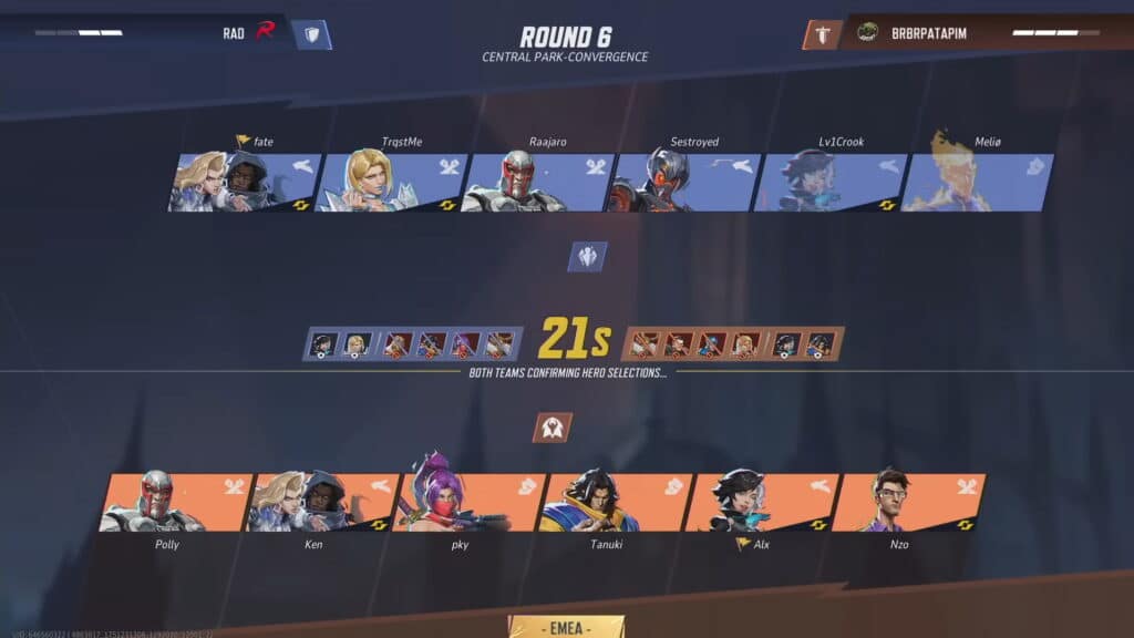 Marvel Rival's game selection screen for Round 6, Central Park. Two teams are choosing heroes, with avatars and countdown timer at 21 seconds