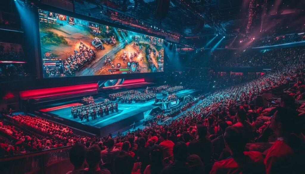 Guardare un grande schermo che mostra un potente gioco multiplayer con affollato pubblico entusiasta dell'arena