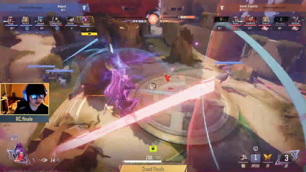 Screenshot of a Marvel Rivals tournament in the Grand Finals. The game action shows intense laser beams and colorful effects
