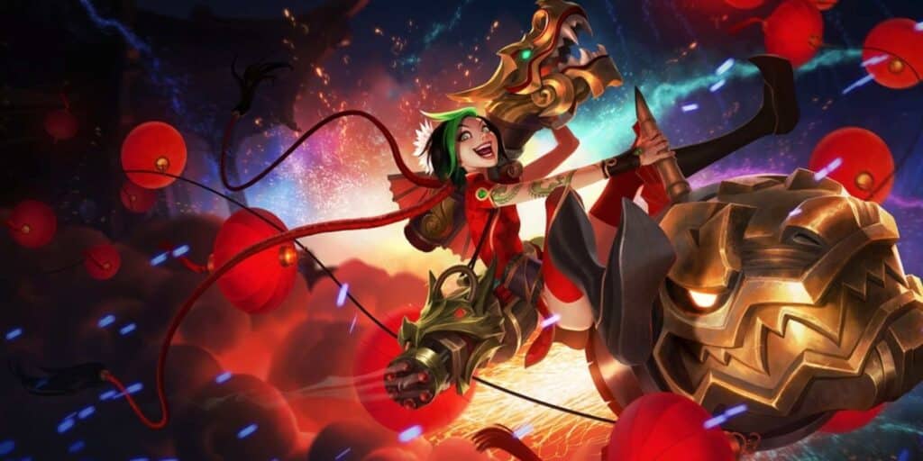 A vibrant, animated scene with a Jinx in festive attire riding a mechanical dragon. Red lanterns and sparkles fill the night sky, conveying excitement.