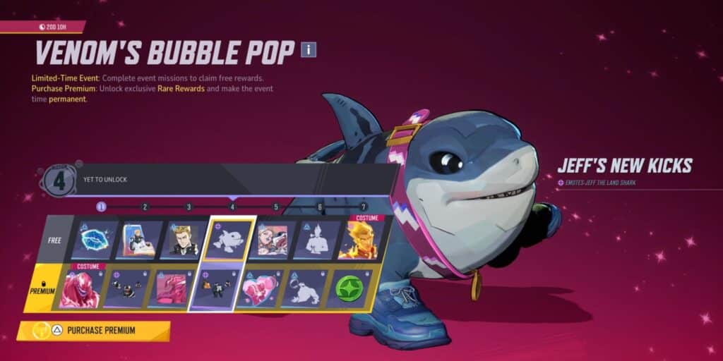 A promotional image for "Venom's Bubble Pop" event in a game, featuring Jeff the Land Shark wearing sneakers. Includes a reward progression bar