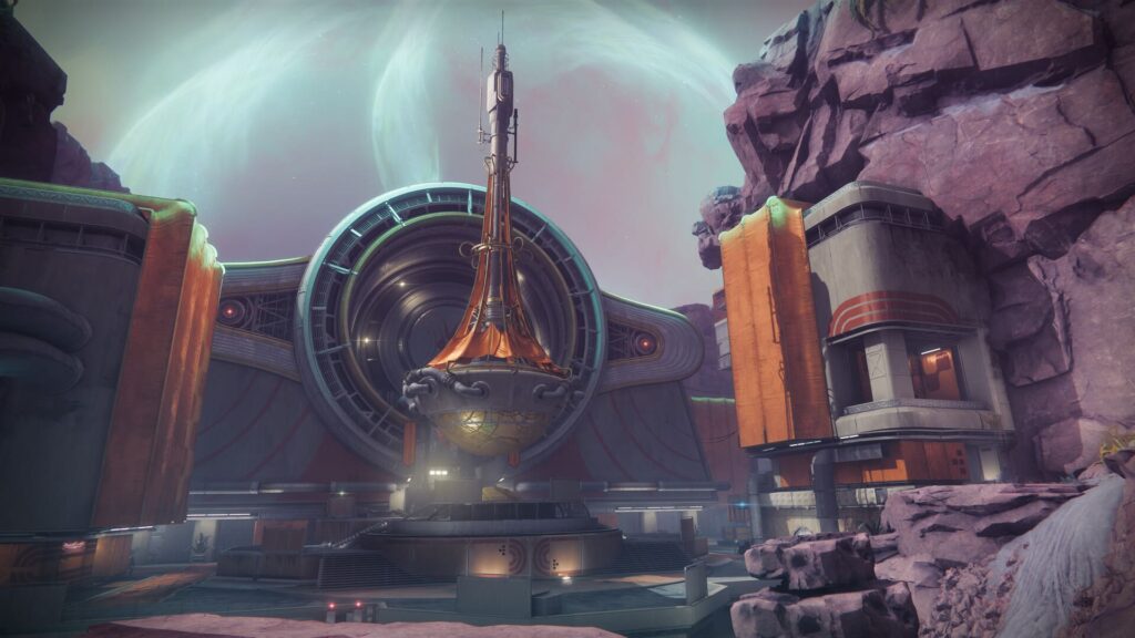 Futuristic space architecture with a large circular structure, antenna, and rocky surroundings under a swirling sky