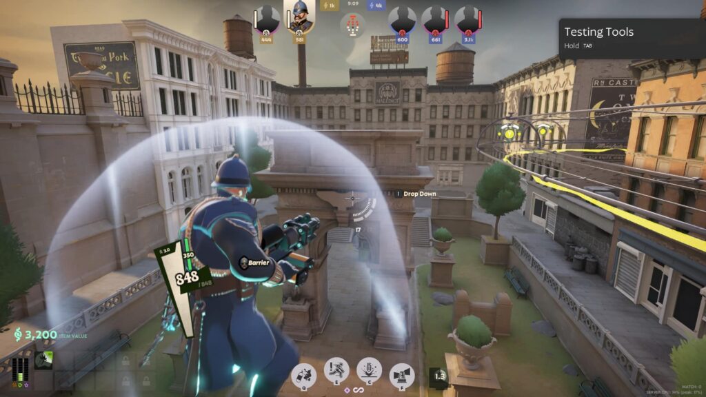 A character in futuristic armor, holding a weapon, stands on a building ledge in a cityscape