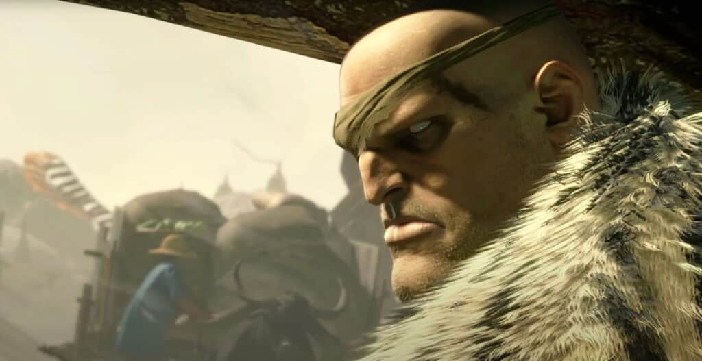 A bald warrior with a scar and fur cloak stares intensely in a cinematic moment, background blurred with a cart and figure.