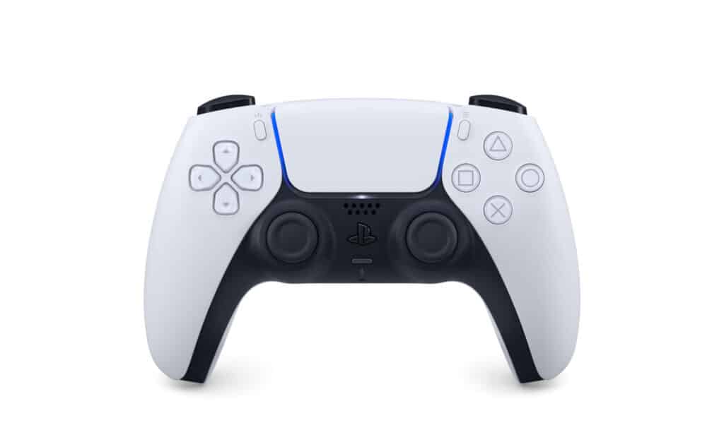 Front view of a white PlayStation 5 DualSense controller