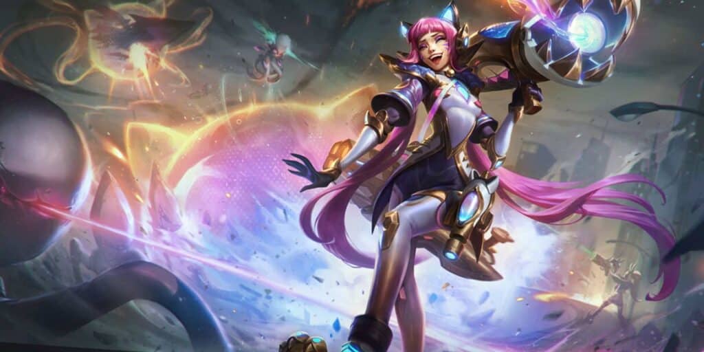 Jinx with pink hair wields a large glowing cannon, exuding confidence. The background features cosmic elements and dynamic energy.