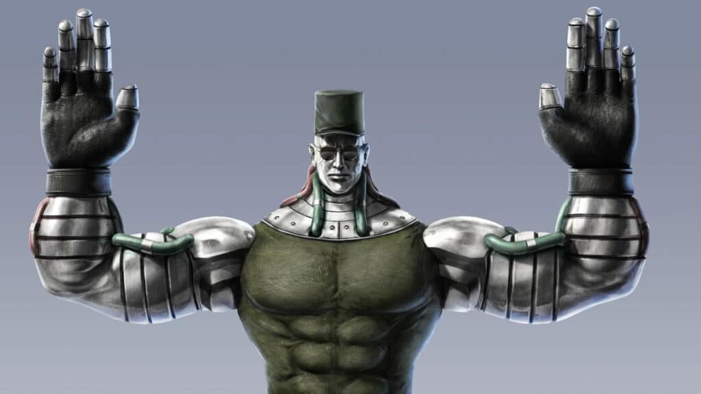 Mani metalliche allungate, occhiali da sole e una camicia verde che indossa un prototipo jack