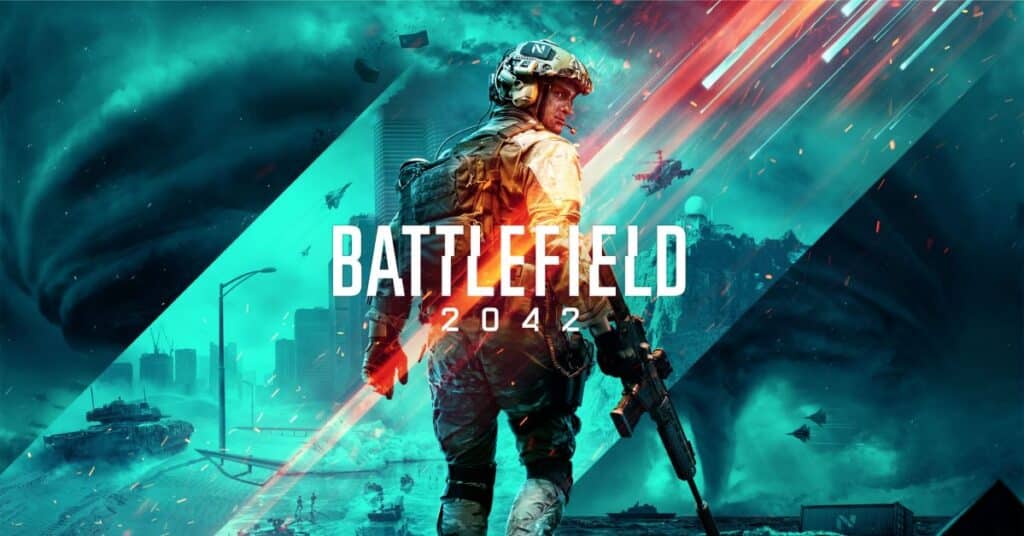 A soldier stands with a rifle against a backdrop of urban chaos and tornadoes. The bold title "Battlefield 2042" is centered