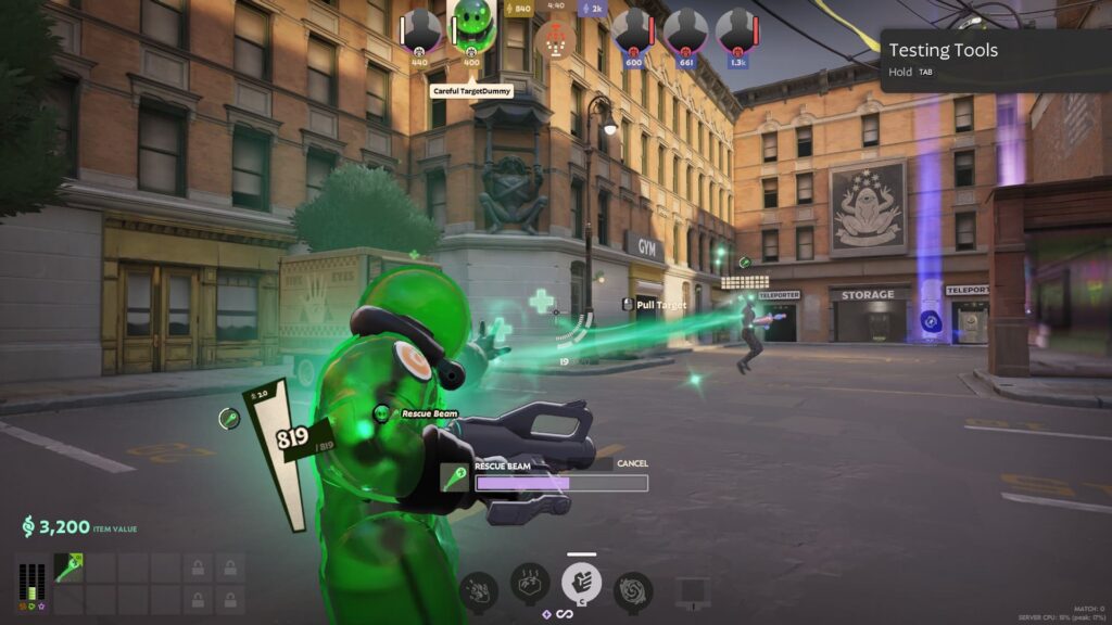 A green futuristic character aims a rescue beam at a distant figure in an urban street setting