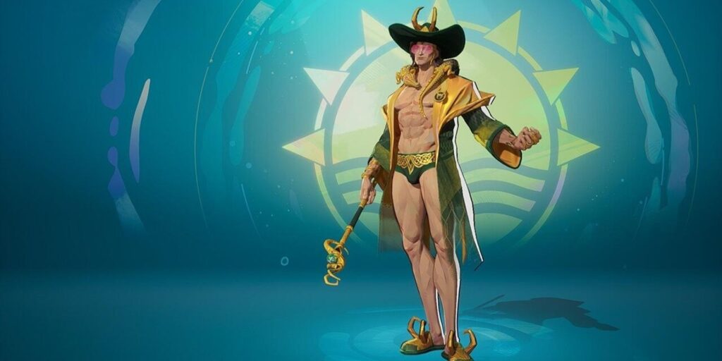 Loki stands confidently wearing a large hat, sunglasses, ornate robe, and briefs
