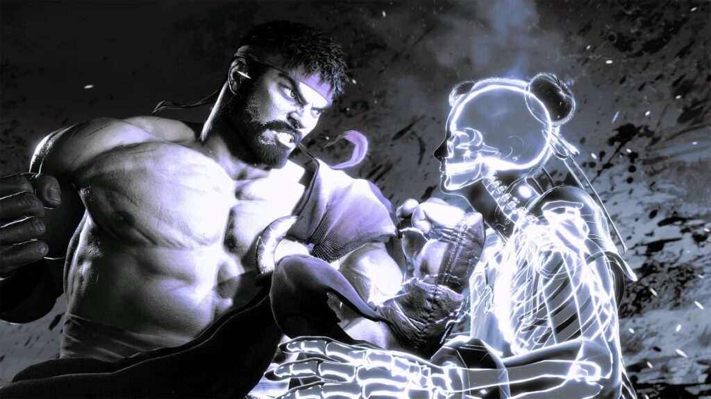 Ryu engages a glowing, skeletal figure in a dynamic showdown amidst an explosion of energy and visual effects