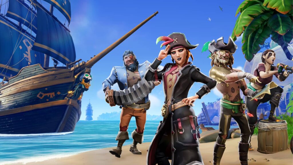 Animated pirates of the Sea of Thieves on a beach, with a pirate ship anchored nearby