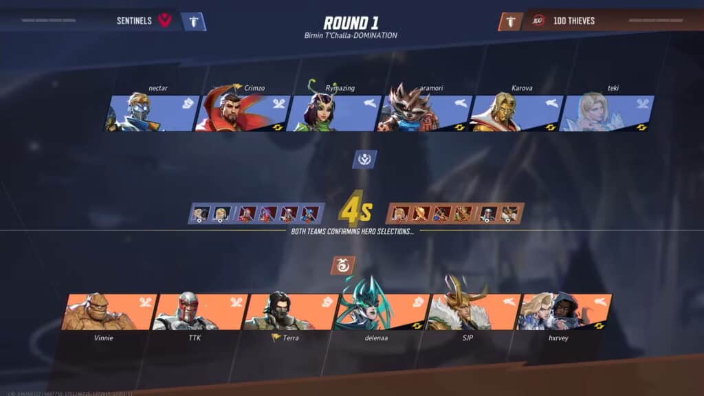 Split screen of a Marvel Rivals video game character selection for two teams, "Sentinels" and "100 Thieves," each with five player avatars