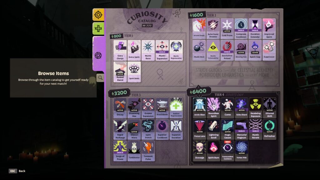 In-game item catalog with four tiers, each featuring various magical and mystical items. Left side displays tips for browsing items, set against a dimly lit background with candles, creating a mystical ambiance
