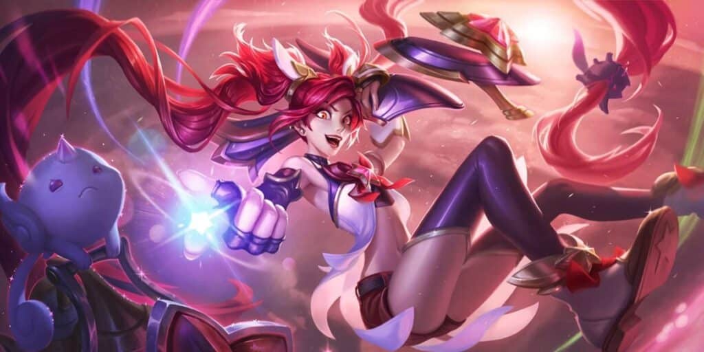 A dynamic fantasy scene with a red-haired Jinx in a sailor-style outfit, leaping joyfully with a magical energy ball. A small, cute creature floats nearby.