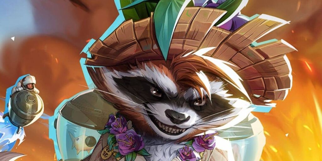Rocket Raccoon wearing a hat with leaves and purple flowers, in a vibrant, fiery background