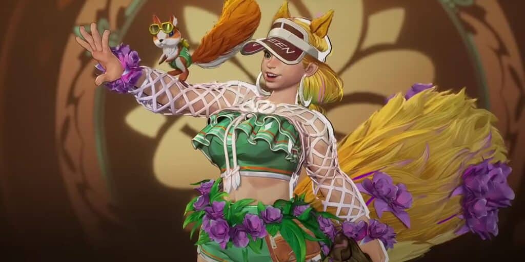Squirrel Girl tail wears a green outfit with purple flowers