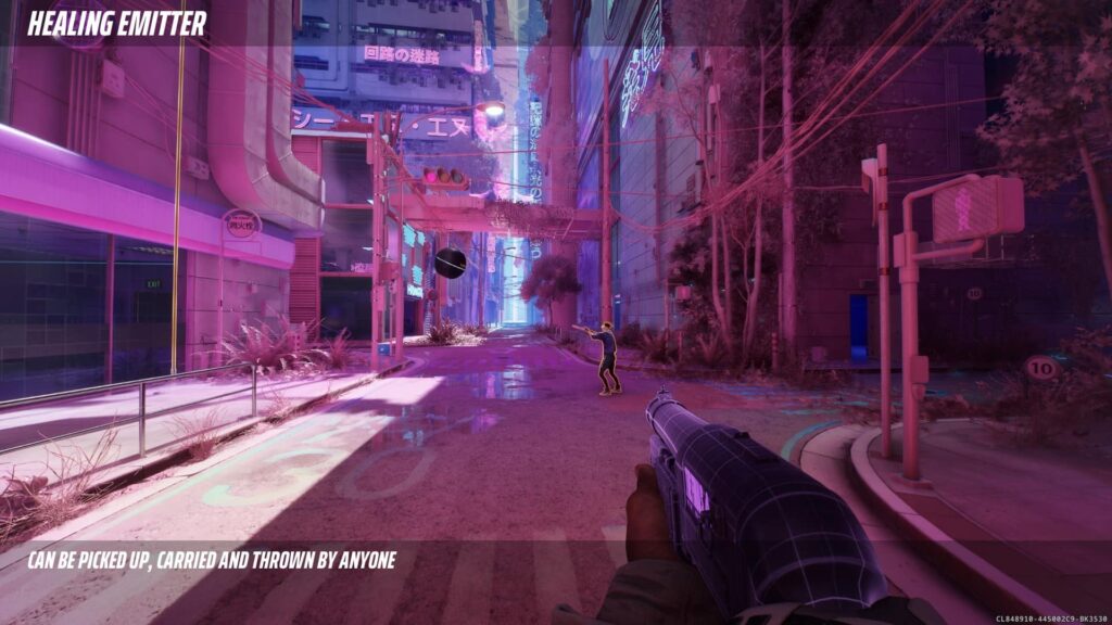 Futuristic city street with neon lights, a character aiming at a floating object in The Finals